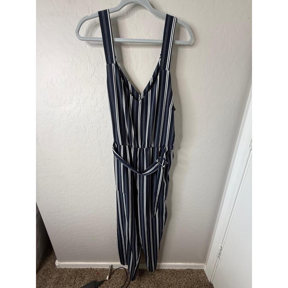 COTTON:ON Womens L Striped Navy V-Neck‎ Belted Jumpsuit Summer Casual